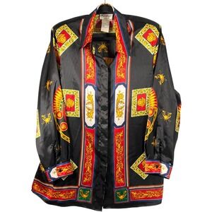 Fred David Women's Vintage Retro Black Gold Royal Button Up Tunic Blouse 18 Chic